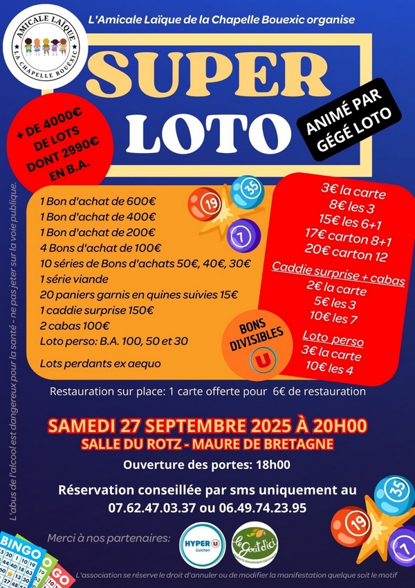 Affiche Super Loto Association Amicale Laïque de La Chapelle Bouëxic (27-09-2025)